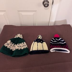 Set of Three Knitted Beanies with Pom Poms